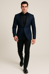 Mens Slim Fit Paisley Shawl Lapel Prom Dinner Jacket Tuxedo Blazer in Navy Blue