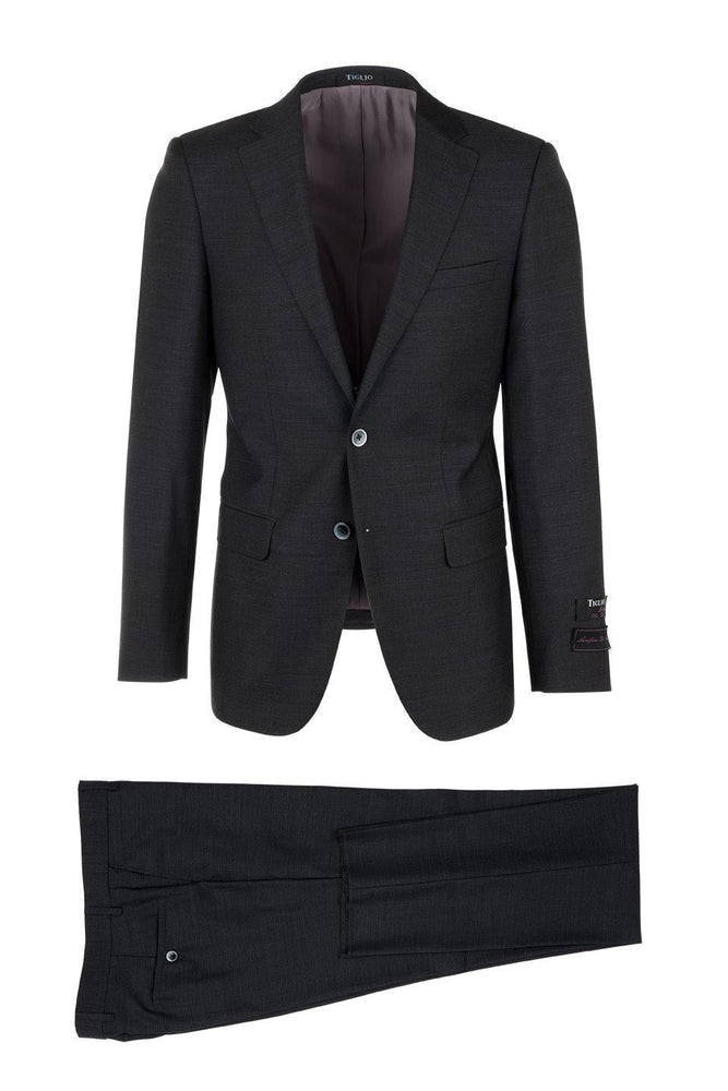 Tiglio Italian Suit - Real Wool Fabric Super 150's Porto Slim Fit Suit, Pure Wool Suit in Color Black