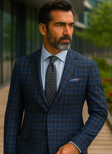 Slim Fit Wool Plaid Blazer – Renoir Navy & Grey Windowpane