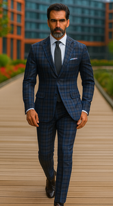 Slim Fit Wool Plaid Blazer – Renoir Navy & Grey Windowpane