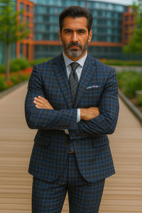 Slim Fit Wool Plaid Blazer – Renoir Navy & Grey Windowpane