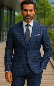 Slim Fit Wool Plaid Blazer – Renoir Navy & Grey Windowpane