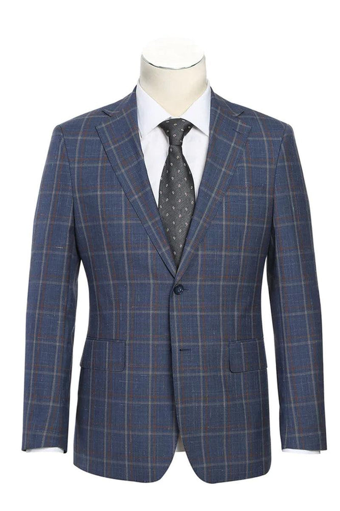 Slim-Fit Wool Suit w/ Notch Lapel: Steel Blue & Orange Windopane Plaid by English Laundry - USA Men's Outlet