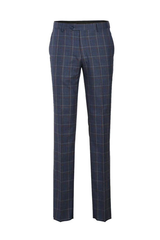 Slim-Fit Wool Suit w/ Notch Lapel: Steel Blue & Orange Windopane Plaid by English Laundry - USA Men's Outlet