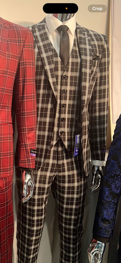 Men's Black and White Plaid Three-Piece Suit – Modern Slim Fit Tuxedo for Church and Business