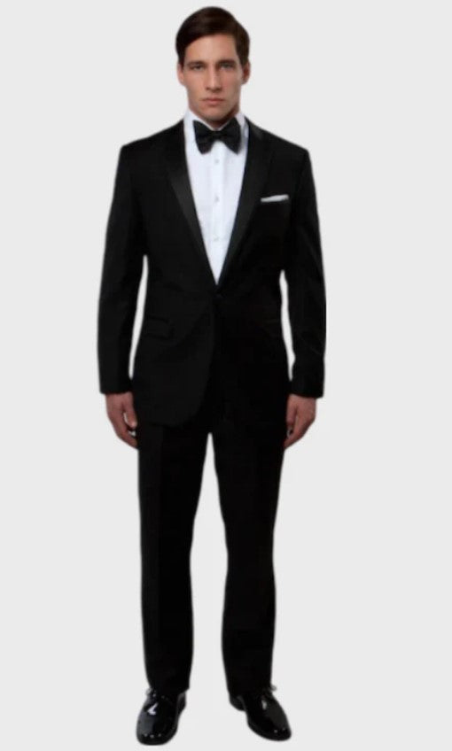 Big and Tall Tuxedo - Black Slim Fit 1 Button Satin Peak Lapel With Satin Trim Tuxedo