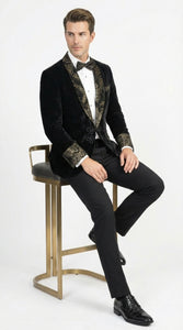 Men’s Smoking Jacket  Black and Gold Embroidered Tuxedo Blazer – Luxury Velvet Formal Dinner Jacket with Paisley Lapel