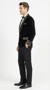 Men’s Smoking Jacket  Black and Gold Embroidered Tuxedo Blazer – Luxury Velvet Formal Dinner Jacket with Paisley Lapel