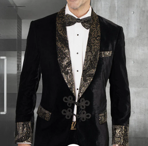 Men’s Smoking Jacket  Black and Gold Embroidered Tuxedo Blazer – Luxury Velvet Formal Dinner Jacket with Paisley Lapel