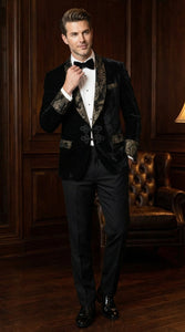 Men’s Smoking Jacket  Black and Gold Embroidered Tuxedo Blazer – Luxury Velvet Formal Dinner Jacket with Paisley Lapel