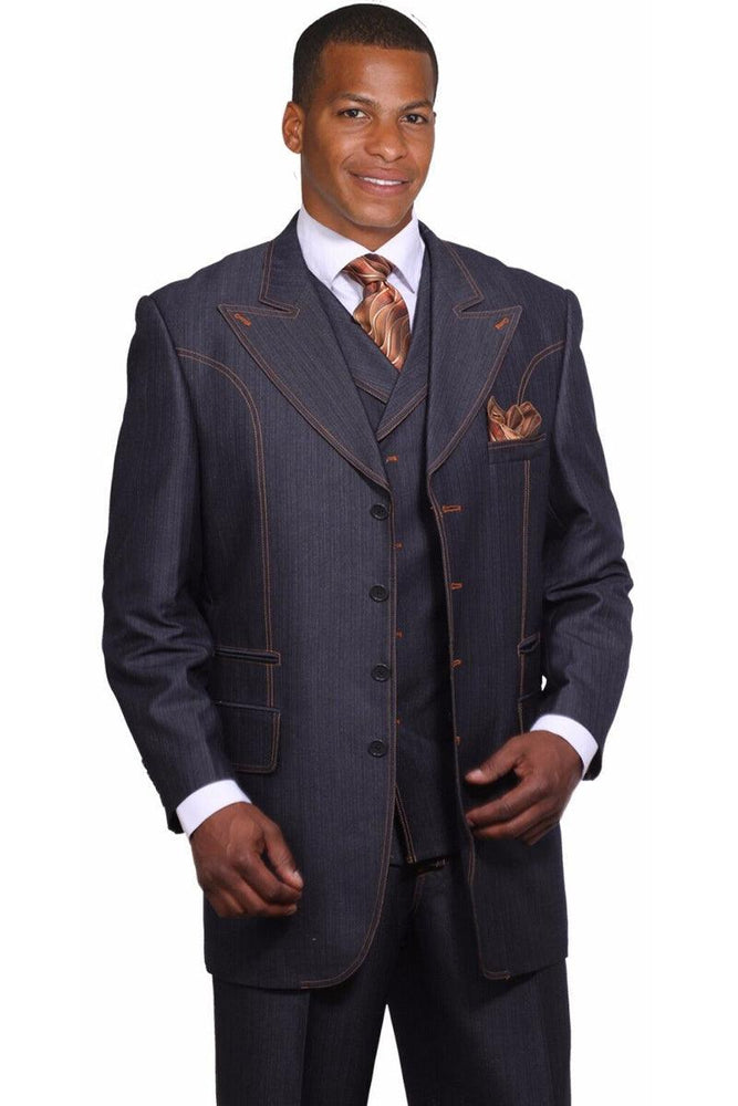 Sophisticated Navy Blue Denim Suit by Fortino Landi - Four Button Vest & Wide Lapels. - USA Men's Outlet