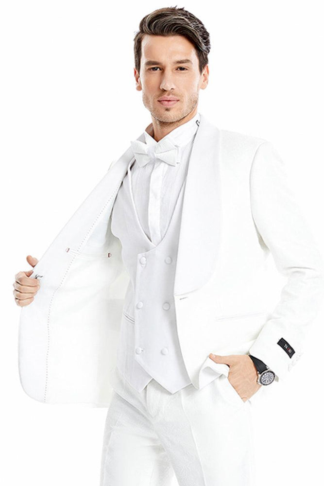 Sophisticated White Tazio Paisley Lapel Prom & Wedding Tuxedo - Men's One Button Vested Wide Shawl - USA Men's Outlet