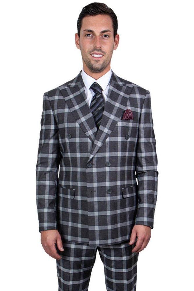 "Stacy Adams Double-Breasted Men's Suit in Black & Grey Windowpane" - USA Men's Outlet