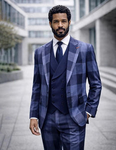 Statement Men's Big Plaid Wool Peak Lapel Modern Fit Suit 3 Piece Navy Venus
