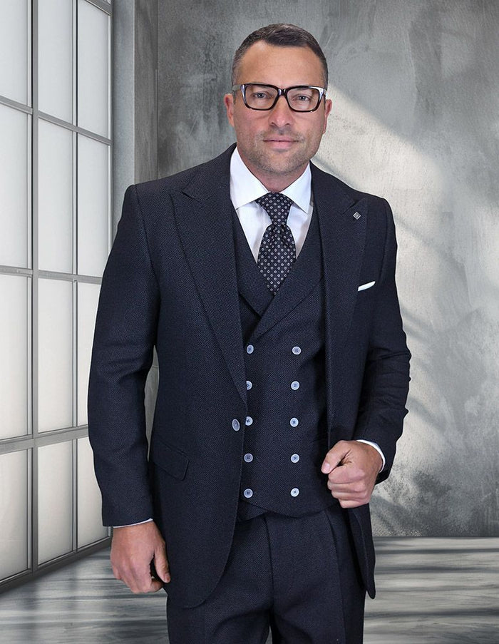 Statement Mens Big and Tall 3 Piece 100% Super 200s Wool Suit – Classic Fit Woven Texture, Wide Leg Pants