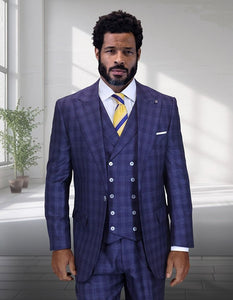 Statement Mens Classic Fit 3 Piece 100% Super 200s Wool Windowpane Plaid Suit – Wide Leg Pleated Pants