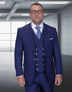 Statement Mens Classic Fit 3 Piece 100% Super 200s Wool Woven Texture Suit – Wide Leg Pleated Pants