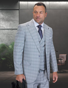 Statement Mens Classic Fit 3 Piece 100% Wool Windowpane Plaid Suit – Wide Leg Pleated Pants