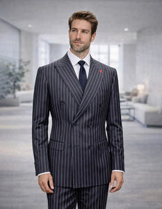 Statement Mens Modern Fit 2 Piece 100% Super 200s Wool Pinstripe Suit – Double Breasted Peak Lapel