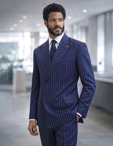 Statement Mens Modern Fit 2 Piece 100% Super 200s Wool Pinstripe Suit – Double Breasted Peak Lapel