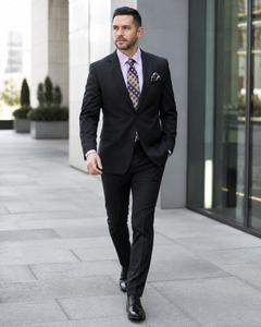 Statement Mens Modern Fit 2 Piece 100% Super 200s Wool Suit – Solid Colors, Notch Lapel Jacket