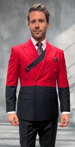 Statement Mens Modern Fit 2 Piece 100% Super 200s Wool Two Tone Suit – Double Breasted Peak Lapel Jacket with Chest Strap