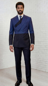Statement Mens Modern Fit 2 Piece 100% Super 200s Wool Two Tone Suit – Double Breasted Peak Lapel Jacket with Chest Strap