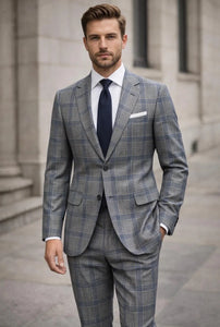 Statement Mens Modern Fit 2 Piece 100% Super 200s Wool Windowpane Plaid Suit – Single Breasted Notch Lapel Jacket