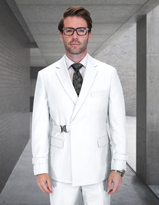 Statement Mens Modern Fit 2 Piece 100% Wool Suit – Double Breasted Jacket with Metal Buckle Closure