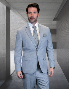 Statement Mens Modern Fit 2 Piece 100% Wool Textured Solid Suit – Single Breasted Notch Lapel Jacket