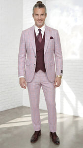 Statement Mens Modern Fit 3 Piece 100% Super 200s Wool Classic Windowpane Suit – Double Breasted Vest