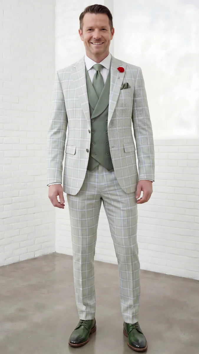 Statement Mens Modern Fit 3 Piece 100% Super 200s Wool Classic Windowpane Suit – Double Breasted Vest