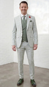 Statement Mens Modern Fit 3 Piece 100% Super 200s Wool Classic Windowpane Suit – Double Breasted Vest