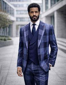 Statement Mens Modern Fit 3 Piece 100% Super 200s Wool Large Checker Suit – Double Breasted Vest