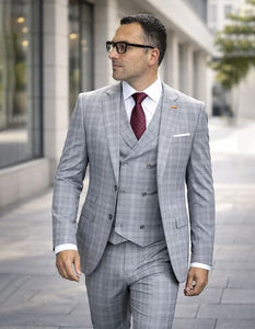 Statement Mens Modern Fit 3 Piece 100% Super 200s Wool Suit – Various Patterns, Double Breasted Vest