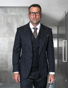 Statement Mens Modern Fit 3 Piece 100% Wool Checker Suit – Unique Pattern, Peak Lapel, Double Breasted Vest