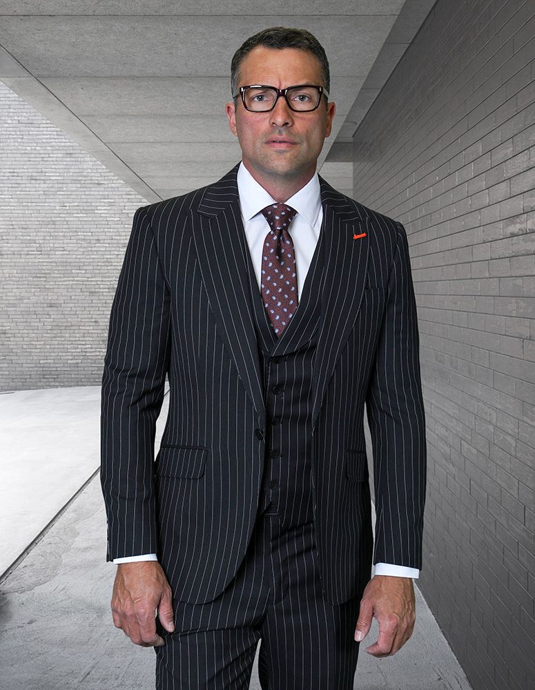 Statement Mens Modern Fit 3 Piece 100% Wool Pinstripe Suit – Wide Peak ...
