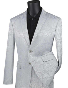 Mens Paisley Pattern Suit in Silver – Slim Fit Formal 2-Piece Set
