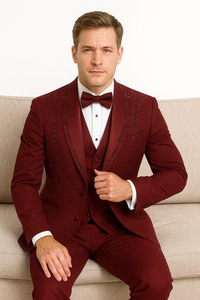 Men’s Burgundy Italian Wool 3-Piece Modern Formal Tuxedo