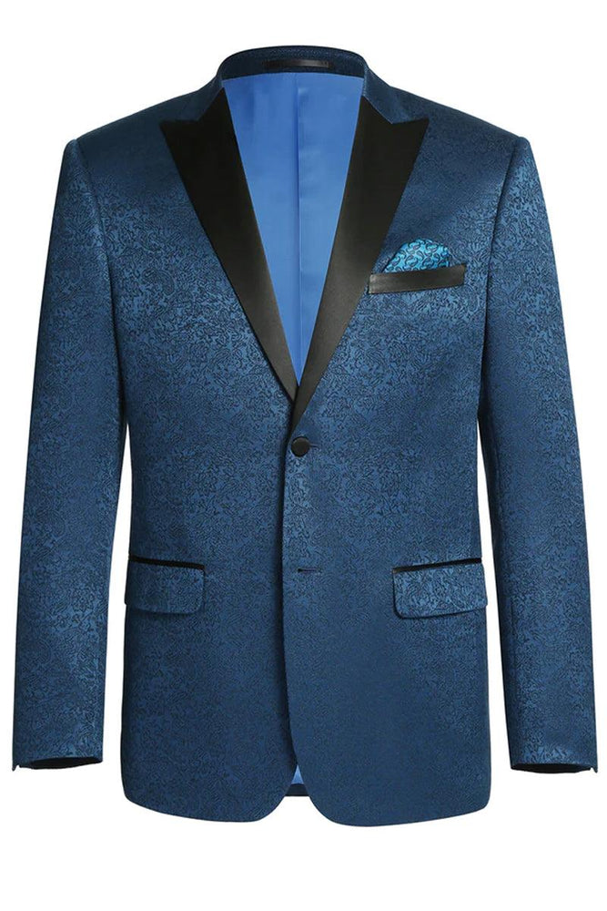 Stylish Renoir Teal Blue Paisley Tuxedo Blazer w/ Peak Lapels - USA Men's Outlet