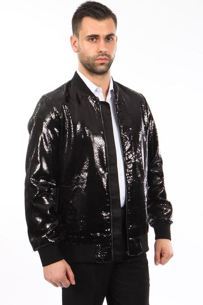 Stylish Tazio Men's Black Sequin Bomber Jacket - USA Men's Outlet