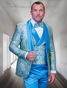 Prom Tuxedo - Wedding Suit - Groom Suit MEN'S TURQUOISE PATTERNED VESTED TUXEDO WITH BOWTIE