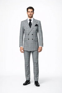 Rossiman Men’s Grey Prince of Wales Check Suit – Glen Plaid Double-Breasted Two-Piece