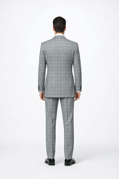 Rossiman Men’s Grey Prince of Wales Check Suit – Glen Plaid Double-Breasted Two-Piece