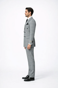 Rossiman Men’s Grey Prince of Wales Check Suit – Glen Plaid Double-Breasted Two-Piece