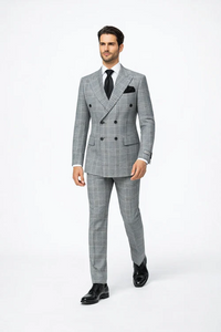 Rossiman Men’s Grey Prince of Wales Check Suit – Glen Plaid Double-Breasted Two-Piece