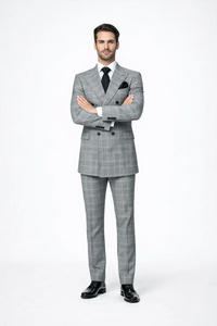 Rossiman Men’s Grey Prince of Wales Check Suit – Glen Plaid Double-Breasted Two-Piece