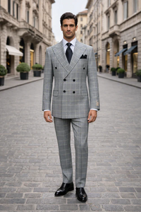 Rossiman Men’s Grey Prince of Wales Check Suit – Glen Plaid Double-Breasted Two-Piece