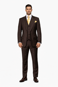 Suits With Baggy Pleated Pants - Wide Leg Pants 100% Wool - Classic Fit in Brown One Button 3 Piece Suit  by Rossiman