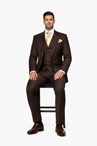 Suits With Baggy Pleated Pants - Wide Leg Pants 100% Wool - Classic Fit in Brown One Button 3 Piece Suit  by Rossiman